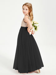 Robe Longue de Demoiselle d'Honneur Junior avec Haut en Paillettes et Jupe en Tulle Noir