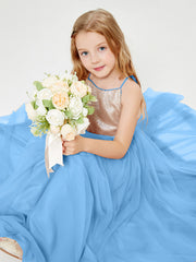 Robe Longue de Demoiselle d'Honneur Junior avec Haut en Paillettes et Jupe en Tulle Bleu
