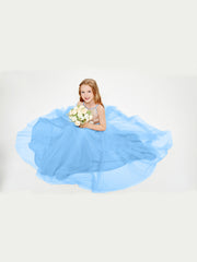 Robe Longue de Demoiselle d'Honneur Junior avec Haut en Paillettes et Jupe en Tulle Bleu