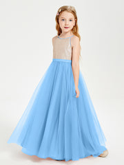 Robe Longue de Demoiselle d'Honneur Junior avec Haut en Paillettes et Jupe en Tulle Bleu