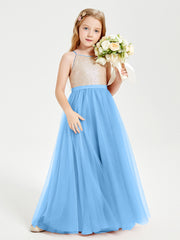 Robe Longue de Demoiselle d'Honneur Junior avec Haut en Paillettes et Jupe en Tulle Bleu