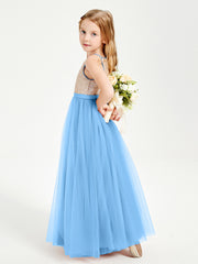 Robe Longue de Demoiselle d'Honneur Junior avec Haut en Paillettes et Jupe en Tulle Bleu