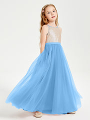 Robe Longue de Demoiselle d'Honneur Junior avec Haut en Paillettes et Jupe en Tulle Bleu