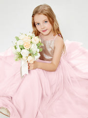Robe Longue de Demoiselle d'Honneur Junior avec Haut en Paillettes et Jupe en Tulle Rose Pâle
