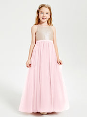 Robe Longue de Demoiselle d'Honneur Junior avec Haut en Paillettes et Jupe en Tulle Rose Pâle