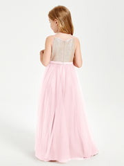 Robe Longue de Demoiselle d'Honneur Junior avec Haut en Paillettes et Jupe en Tulle Rose Pâle