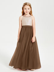 Robe Longue de Demoiselle d'Honneur Junior avec Haut en Paillettes et Jupe en Tulle Brun