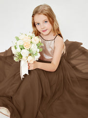 Robe Longue de Demoiselle d'Honneur Junior avec Haut en Paillettes et Jupe en Tulle Brun