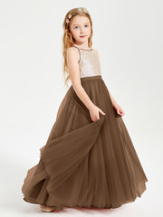 Robe Longue de Demoiselle d'Honneur Junior avec Haut en Paillettes et Jupe en Tulle Brun