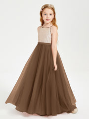Robe Longue de Demoiselle d'Honneur Junior avec Haut en Paillettes et Jupe en Tulle Brun