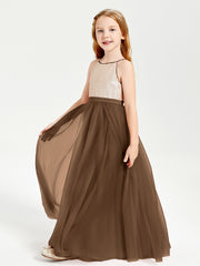 Robe Longue de Demoiselle d'Honneur Junior avec Haut en Paillettes et Jupe en Tulle Brun