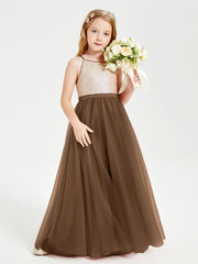 Robe Longue de Demoiselle d'Honneur Junior avec Haut en Paillettes et Jupe en Tulle Brun