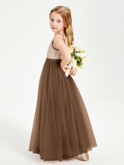 Robe Longue de Demoiselle d'Honneur Junior avec Haut en Paillettes et Jupe en Tulle Brun