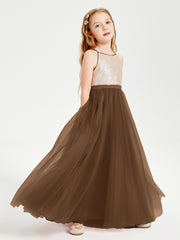 Robe Longue de Demoiselle d'Honneur Junior avec Haut en Paillettes et Jupe en Tulle Brun