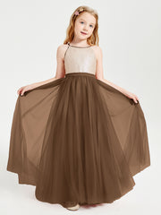 Robe Longue de Demoiselle d'Honneur Junior avec Haut en Paillettes et Jupe en Tulle Brun