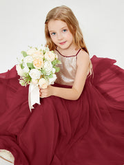 Robe Longue de Demoiselle d'Honneur Junior avec Haut en Paillettes et Jupe en Tulle Bordeaux