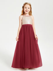 Robe Longue de Demoiselle d'Honneur Junior avec Haut en Paillettes et Jupe en Tulle Bordeaux