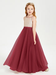 Robe Longue de Demoiselle d'Honneur Junior avec Haut en Paillettes et Jupe en Tulle Bordeaux