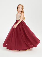 Robe Longue de Demoiselle d'Honneur Junior avec Haut en Paillettes et Jupe en Tulle Bordeaux