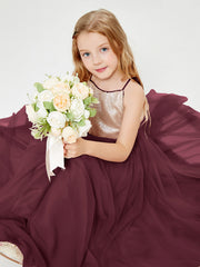 Robe Longue de Demoiselle d'Honneur Junior avec Haut en Paillettes et Jupe en Tulle Cabernet