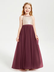 Robe Longue de Demoiselle d'Honneur Junior avec Haut en Paillettes et Jupe en Tulle Cabernet