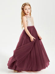 Robe Longue de Demoiselle d'Honneur Junior avec Haut en Paillettes et Jupe en Tulle Cabernet