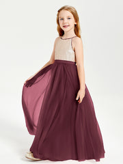Robe Longue de Demoiselle d'Honneur Junior avec Haut en Paillettes et Jupe en Tulle Cabernet