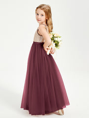 Robe Longue de Demoiselle d'Honneur Junior avec Haut en Paillettes et Jupe en Tulle Cabernet