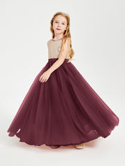 Robe Longue de Demoiselle d'Honneur Junior avec Haut en Paillettes et Jupe en Tulle Cabernet