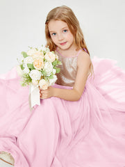 Robe Longue de Demoiselle d'Honneur Junior avec Haut en Paillettes et Jupe en Tulle Rose Bonbon