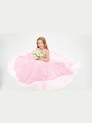Robe Longue de Demoiselle d'Honneur Junior avec Haut en Paillettes et Jupe en Tulle Rose Bonbon