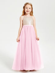 Robe Longue de Demoiselle d'Honneur Junior avec Haut en Paillettes et Jupe en Tulle Rose Bonbon