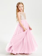 Robe Longue de Demoiselle d'Honneur Junior avec Haut en Paillettes et Jupe en Tulle Rose Bonbon