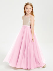 Robe Longue de Demoiselle d'Honneur Junior avec Haut en Paillettes et Jupe en Tulle Rose Bonbon