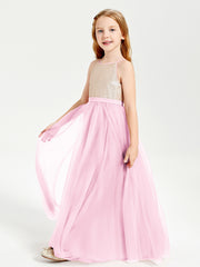 Robe Longue de Demoiselle d'Honneur Junior avec Haut en Paillettes et Jupe en Tulle Rose Bonbon