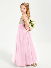 Robe Longue de Demoiselle d'Honneur Junior avec Haut en Paillettes et Jupe en Tulle Rose Bonbon