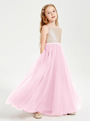 Robe Longue de Demoiselle d'Honneur Junior avec Haut en Paillettes et Jupe en Tulle Rose Bonbon