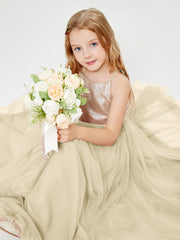 Robe Longue de Demoiselle d'Honneur Junior avec Haut en Paillettes et Jupe en Tulle Champagne