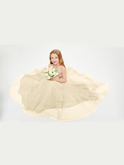 Robe Longue de Demoiselle d'Honneur Junior avec Haut en Paillettes et Jupe en Tulle Champagne