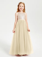 Robe Longue de Demoiselle d'Honneur Junior avec Haut en Paillettes et Jupe en Tulle Champagne