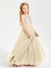 Robe Longue de Demoiselle d'Honneur Junior avec Haut en Paillettes et Jupe en Tulle Champagne