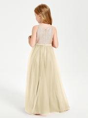 Robe Longue de Demoiselle d'Honneur Junior avec Haut en Paillettes et Jupe en Tulle Champagne