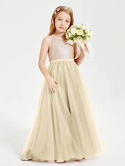 Robe Longue de Demoiselle d'Honneur Junior avec Haut en Paillettes et Jupe en Tulle Champagne