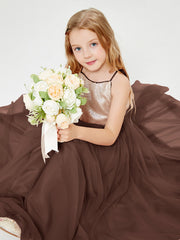Robe Longue de Demoiselle d'Honneur Junior avec Haut en Paillettes et Jupe en Tulle Chocolat