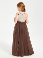 Robe Longue de Demoiselle d'Honneur Junior avec Haut en Paillettes et Jupe en Tulle Chocolat