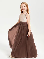 Robe Longue de Demoiselle d'Honneur Junior avec Haut en Paillettes et Jupe en Tulle Chocolat
