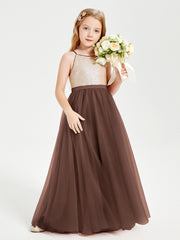Robe Longue de Demoiselle d'Honneur Junior avec Haut en Paillettes et Jupe en Tulle Chocolat