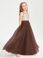 Robe Longue de Demoiselle d'Honneur Junior avec Haut en Paillettes et Jupe en Tulle Chocolat