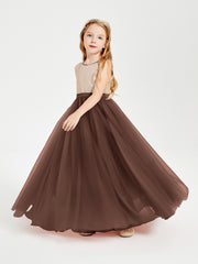 Robe Longue de Demoiselle d'Honneur Junior avec Haut en Paillettes et Jupe en Tulle Chocolat