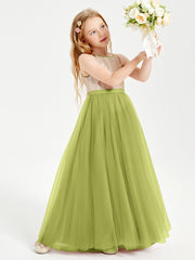 Robe Longue de Demoiselle d'Honneur Junior avec Haut en Paillettes et Jupe en Tulle Trèfle